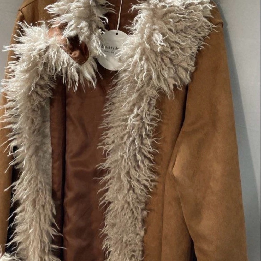 Rusttydustty Womens Brown Fur Trim Collar Open Front Overcoat Size 4XL - Picture 4 of 5